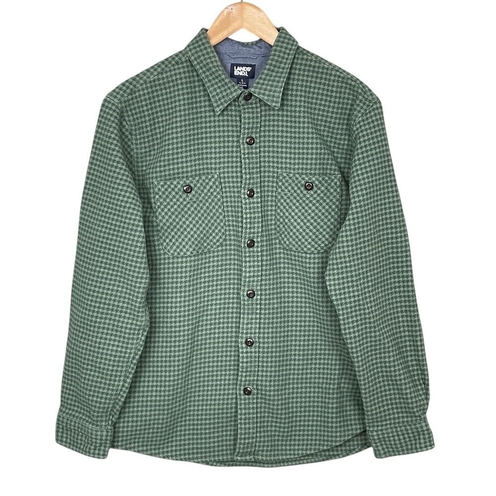 Lands End Green Houndstooth Traditional Fit Shirt Mens L‎ Fall Outdoor Utility